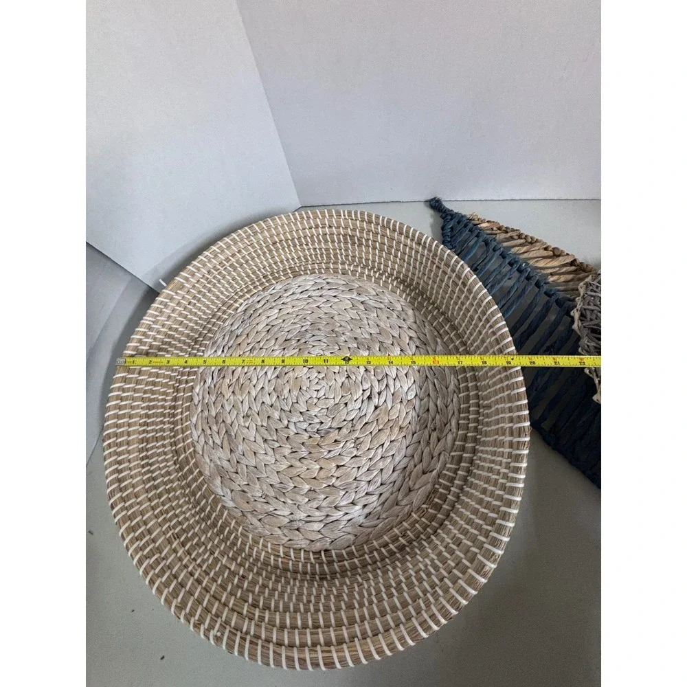 Woven Seagrass Round Tray‎ and Blue Leaf Decor Set Coastal Boho Home Accents